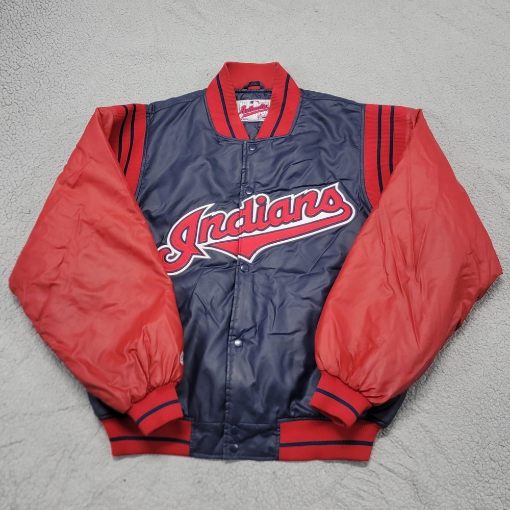 Vintage Cleveland Indians Jacket‎ Mens L Waxed Satin MLB Baseball Majestic 90s